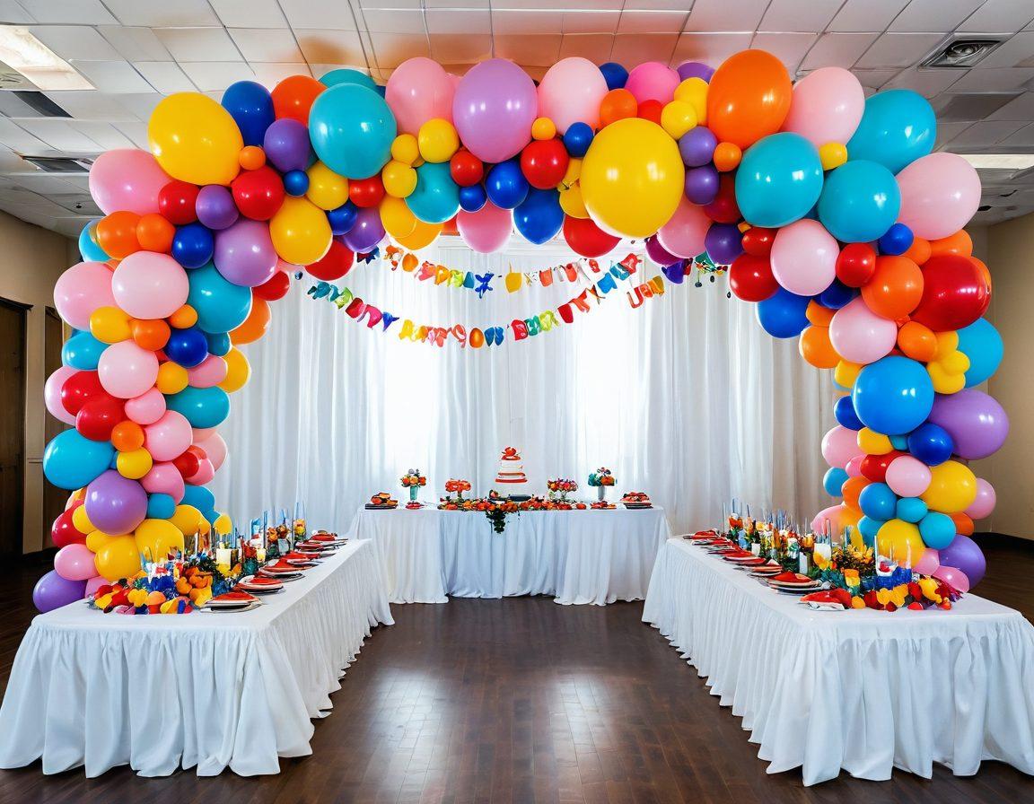 Lively scene of a beautifully decorated event space with colorful balloon centerpieces and garlands, showcasing various designs like arches, bouquets, and custom shapes. Include a mix of themed decorations for birthdays, weddings, and baby showers. Balloons should be vibrant and glossy, reflecting the joy and creativity of the occasion. super-realistic. vibrant colors.