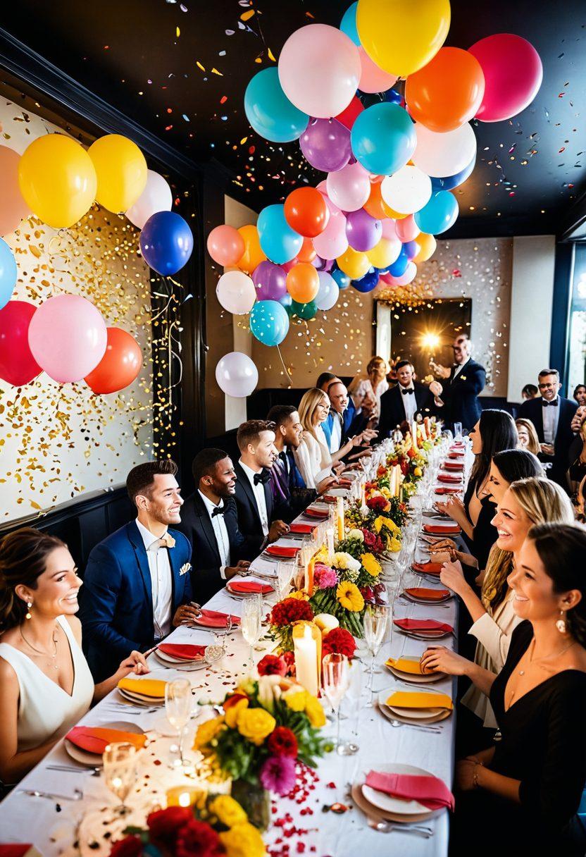 A vibrant party scene filled with a variety of stunning balloon arrangements and decorations. Multicolored balloons form arches and clusters, surrounding elegantly set tables with festive centerpieces. Guests smiling and celebrating in a joyful atmosphere with confetti falling from above. Dynamic lighting enhances the colors and festive mood. super-realistic. vibrant colors.