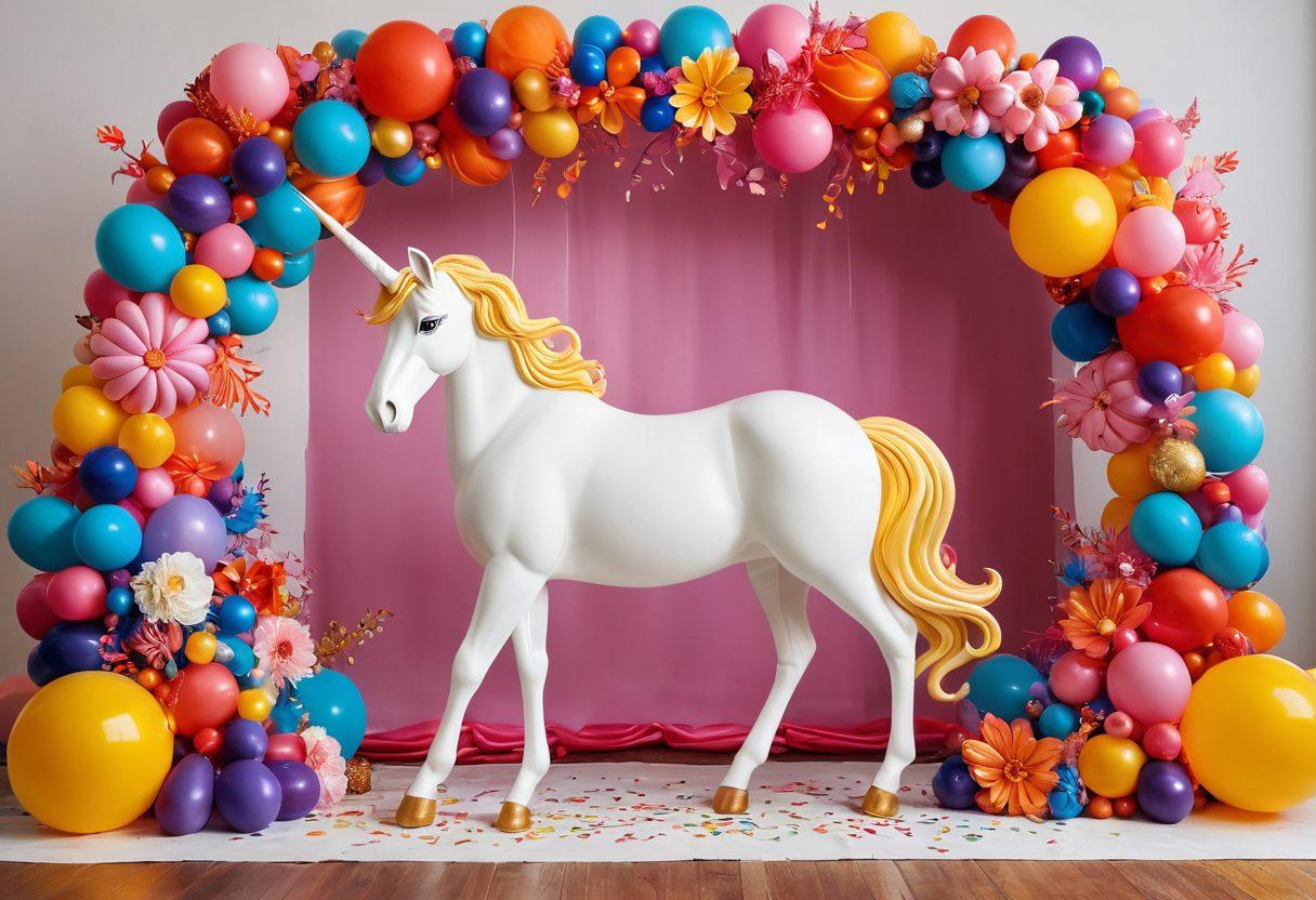 A colorful scene showcasing an artist creating intricate balloon sculptures at a lively birthday party. Include a variety of balloon designs like a whimsical unicorn, elegant wedding arches, and playful animal shapes. Background elements include festive decorations, happy children, and vibrant wedding décor. Emphasize the creativity and joy in each sculpture. super-realistic. vibrant colors. party atmosphere.